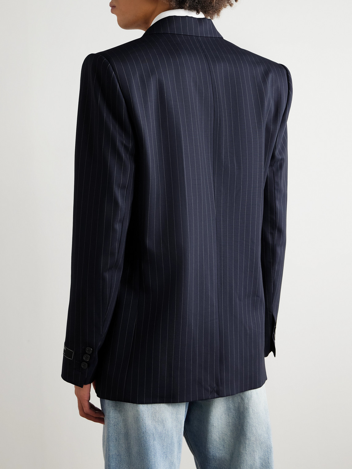 Balmain Double-breasted Pinstriped Wool-blend Blazer In Blue