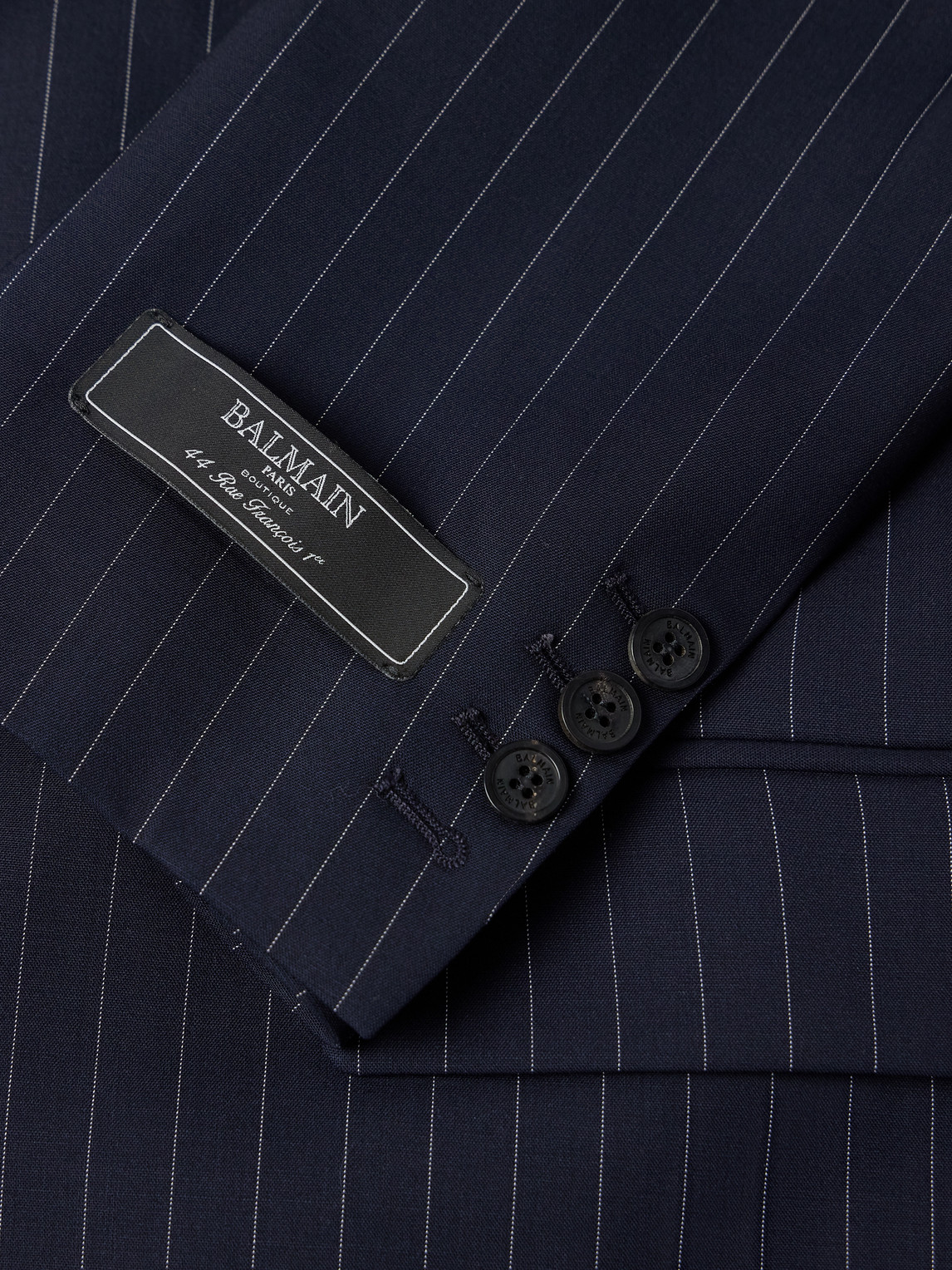 Balmain Double-breasted Pinstriped Wool-blend Blazer In Blue