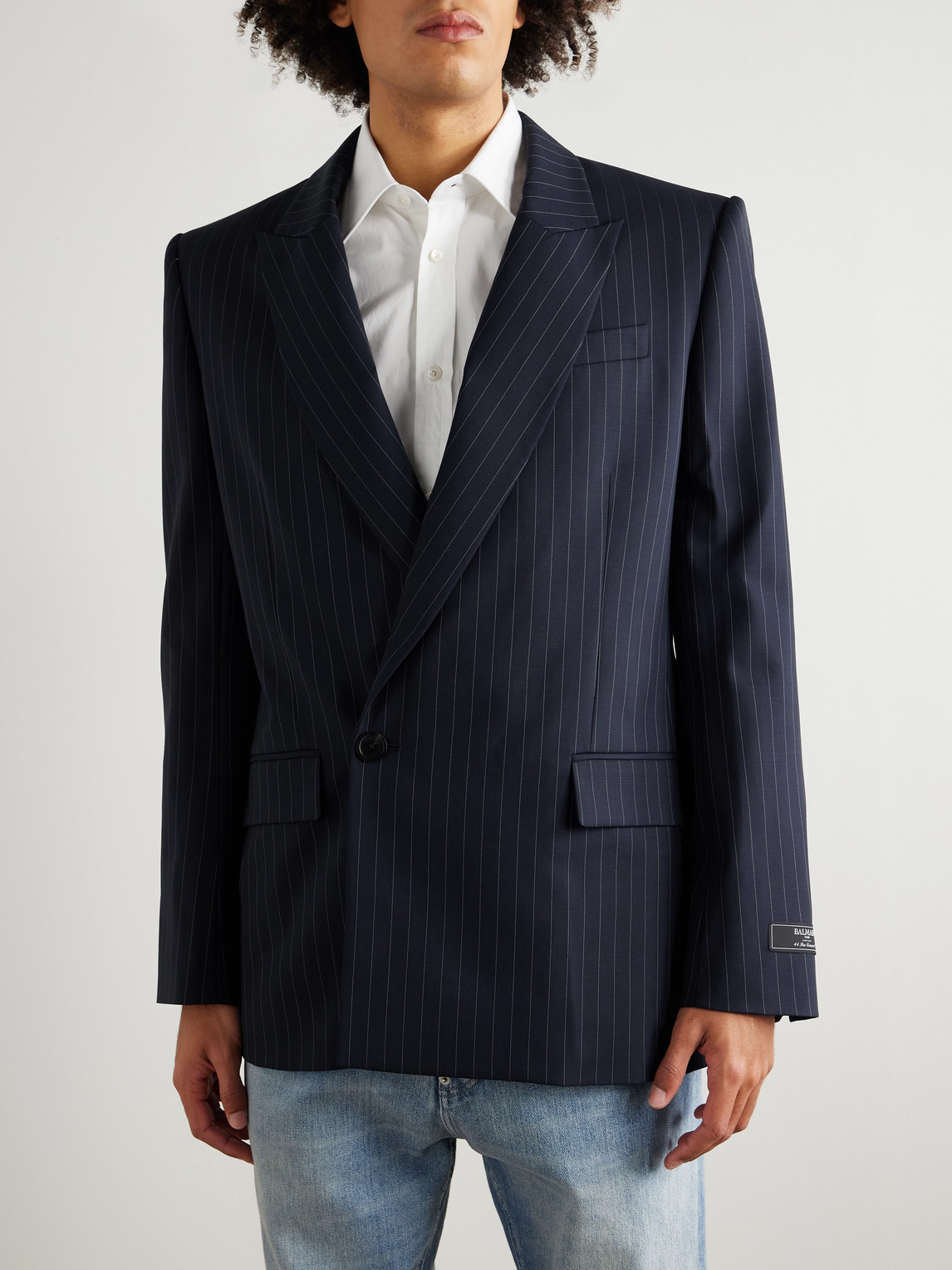 Balmain Double-breasted Pinstriped Wool-blend Blazer In Blue