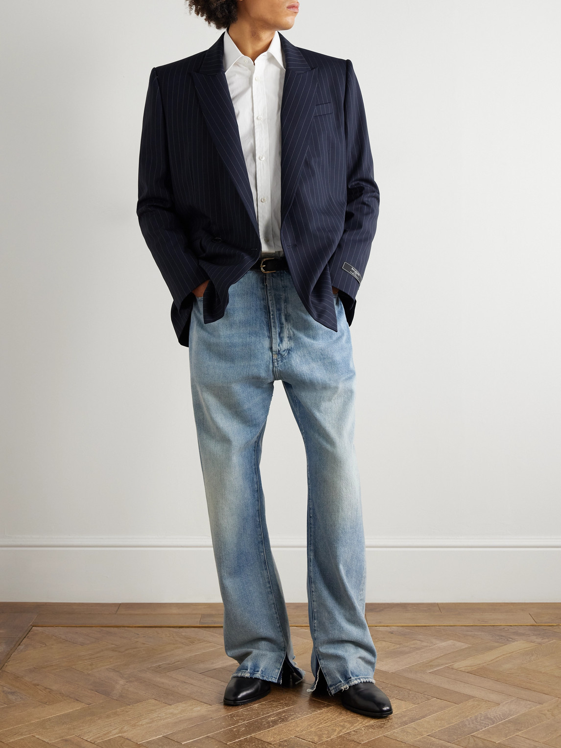 Balmain Double-breasted Pinstriped Wool-blend Blazer In Blue