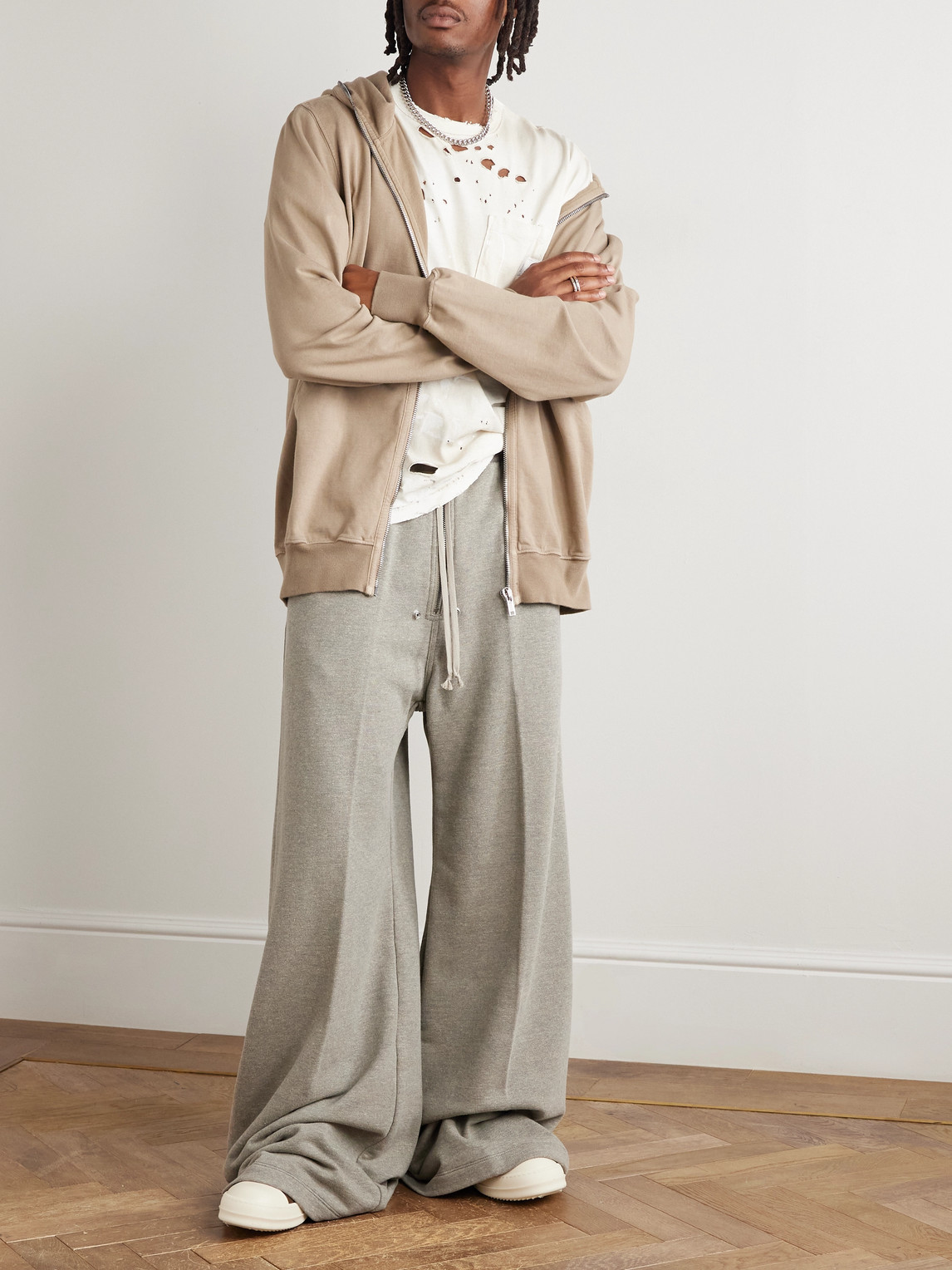 Rick Owens Drkshdw Geth Belas Wide-leg Embellished Cotton-blend Jersey Sweatpants In Green