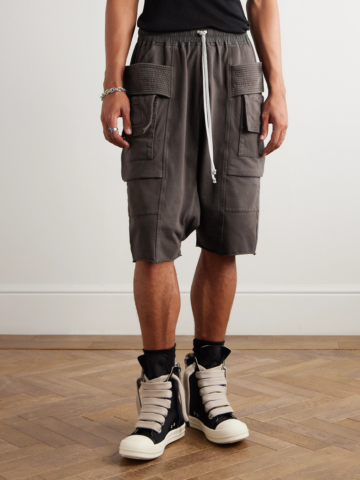 Rick Owens Drkshdw Creatch Straight-leg Brushed Cotton-jersey Drawstring Cargo Shorts In Brown