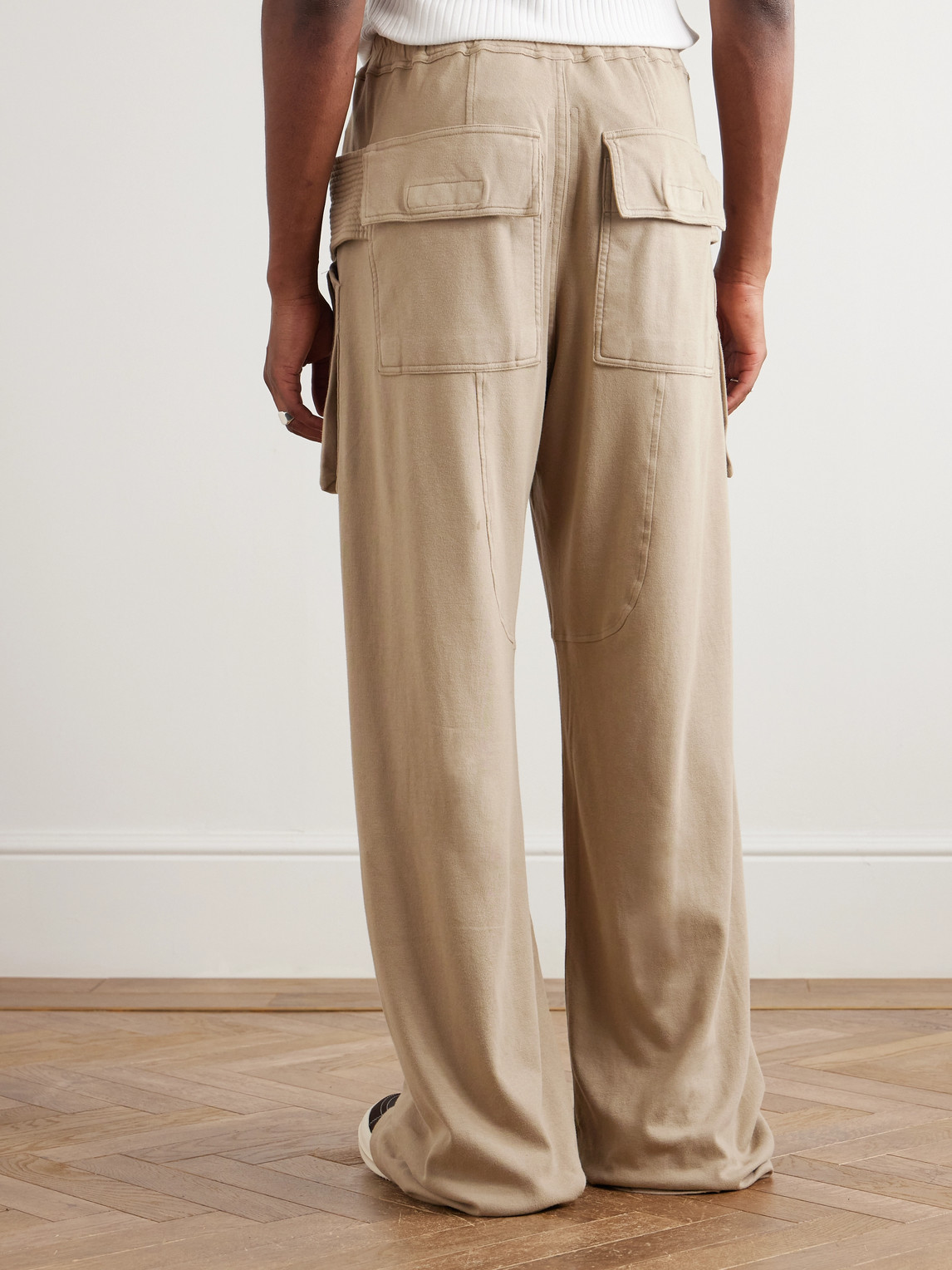 Rick Owens Drkshdw Creatch Wide-leg Brushed Cotton-jersey Drawstring Cargo Trousers In Neutral