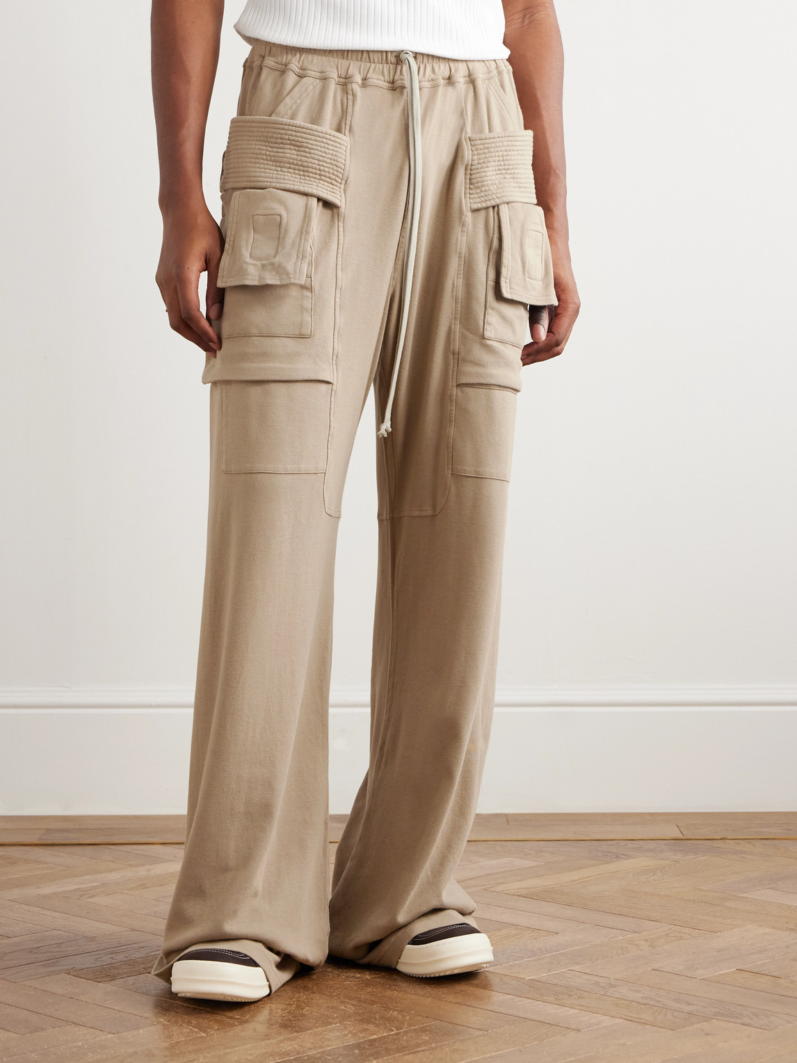 Rick Owens Drkshdw Creatch Wide-leg Brushed Cotton-jersey Drawstring Cargo Trousers In Neutral