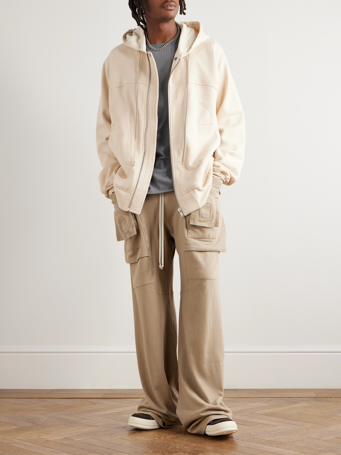 Rick Owens Drkshdw Creatch Wide-leg Brushed Cotton-jersey Drawstring Cargo Trousers In Neutral