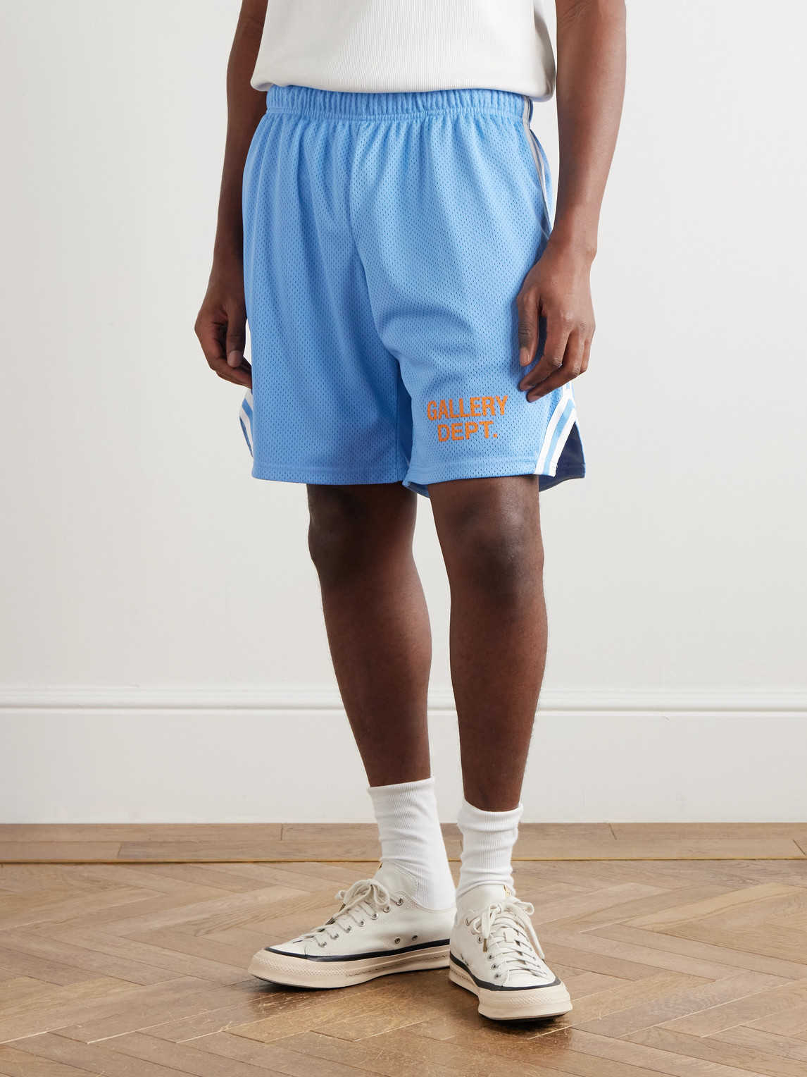 Gallery Dept. Venice Court Wide-leg Logo-print Webbing-trimmed Mesh Shorts In Blue