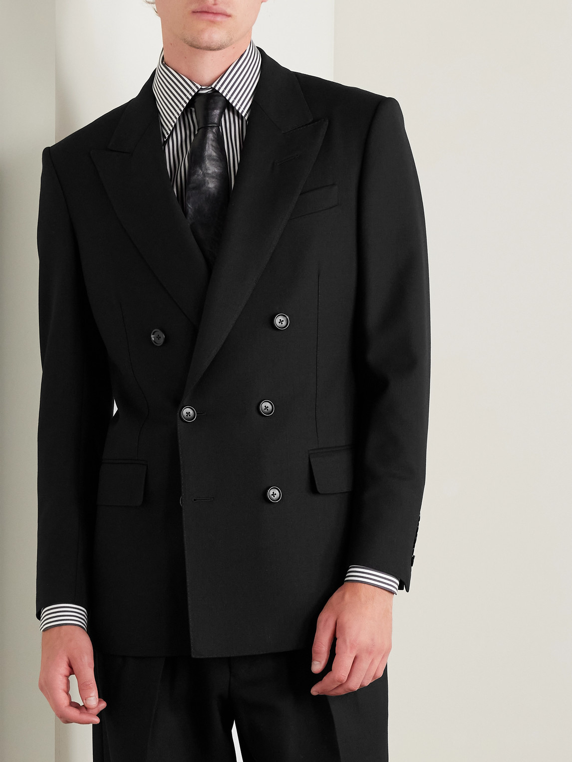 Tom Ford Slim-fit Double-breasted Wool-crepe Suit Jacket In Black