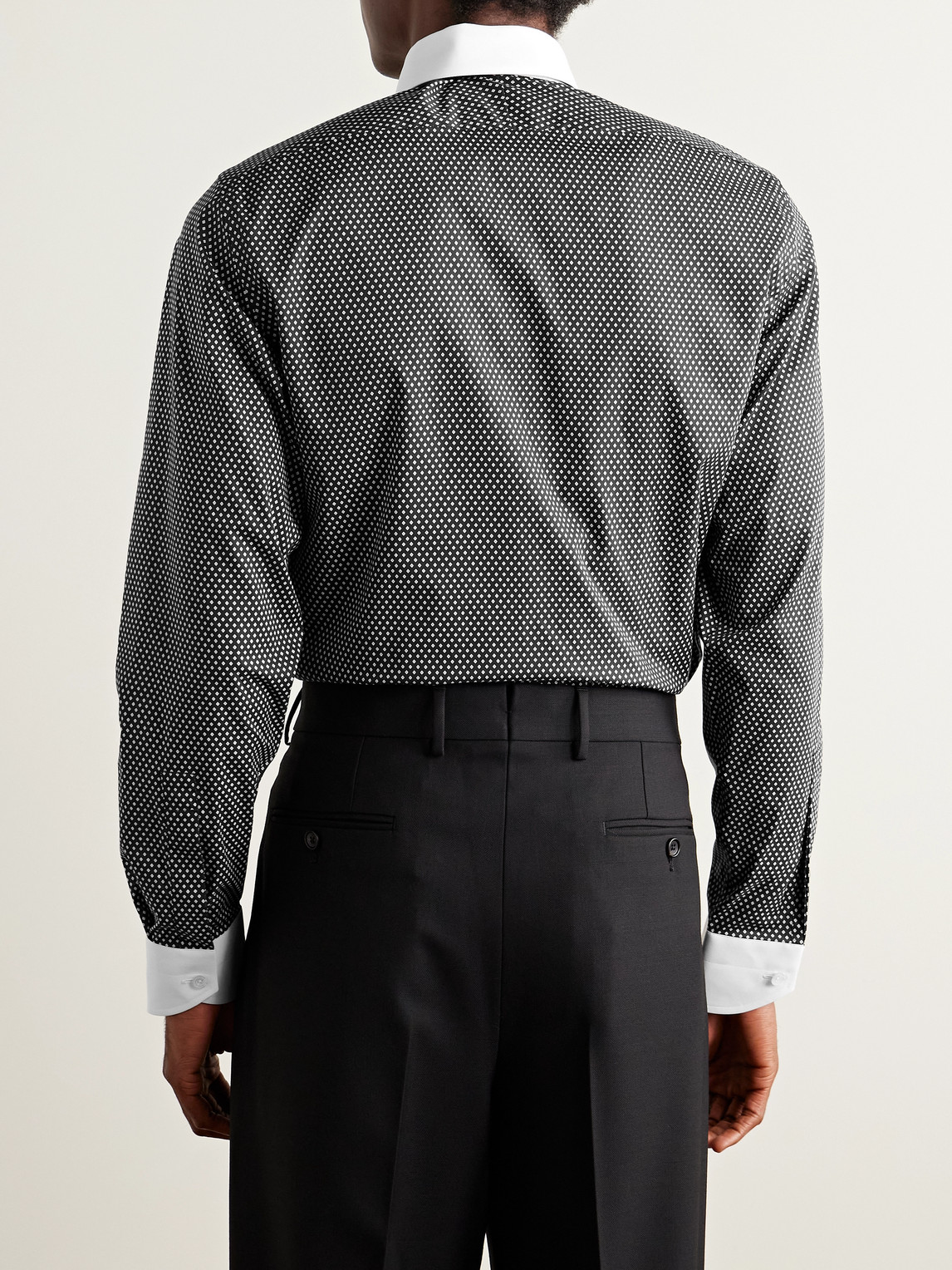 Tom Ford Cotton Shirt With Diamond Print And Contrast White Collar In Black
