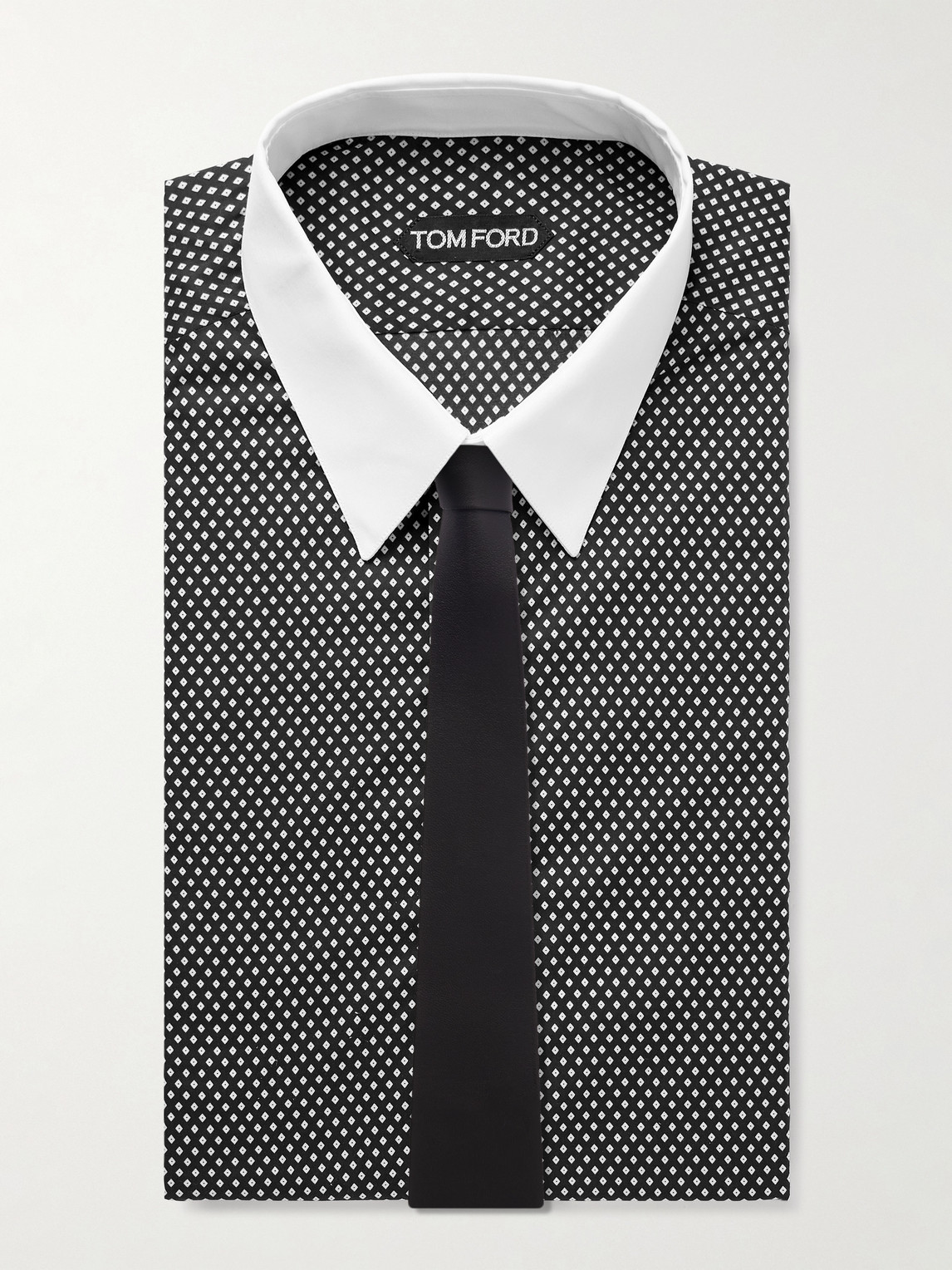 Tom Ford Cotton Shirt With Diamond Print And Contrast White Collar In Black