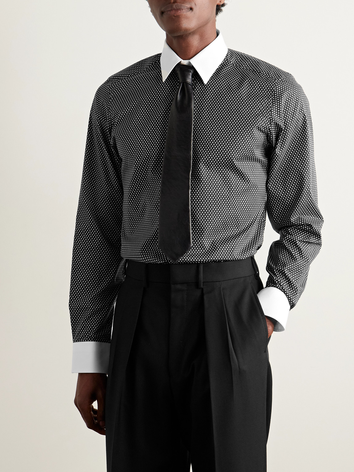 Tom Ford Cotton Shirt With Diamond Print And Contrast White Collar In Black