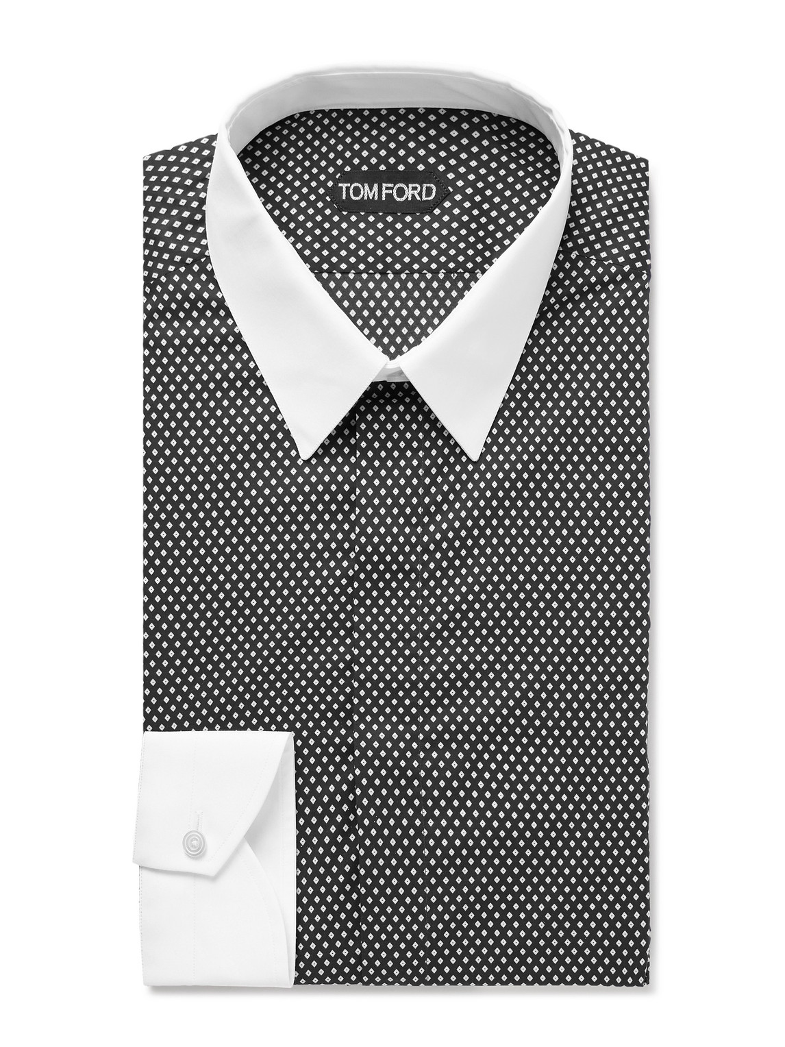 Tom Ford Cotton Shirt With Diamond Print And Contrast White Collar In Black