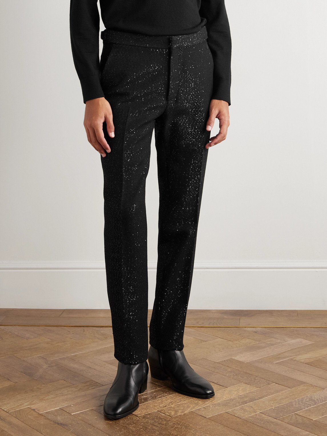 Tom Ford Tapered Sequin-embellished Wool-blend Bouclé Suit Trousers In Black