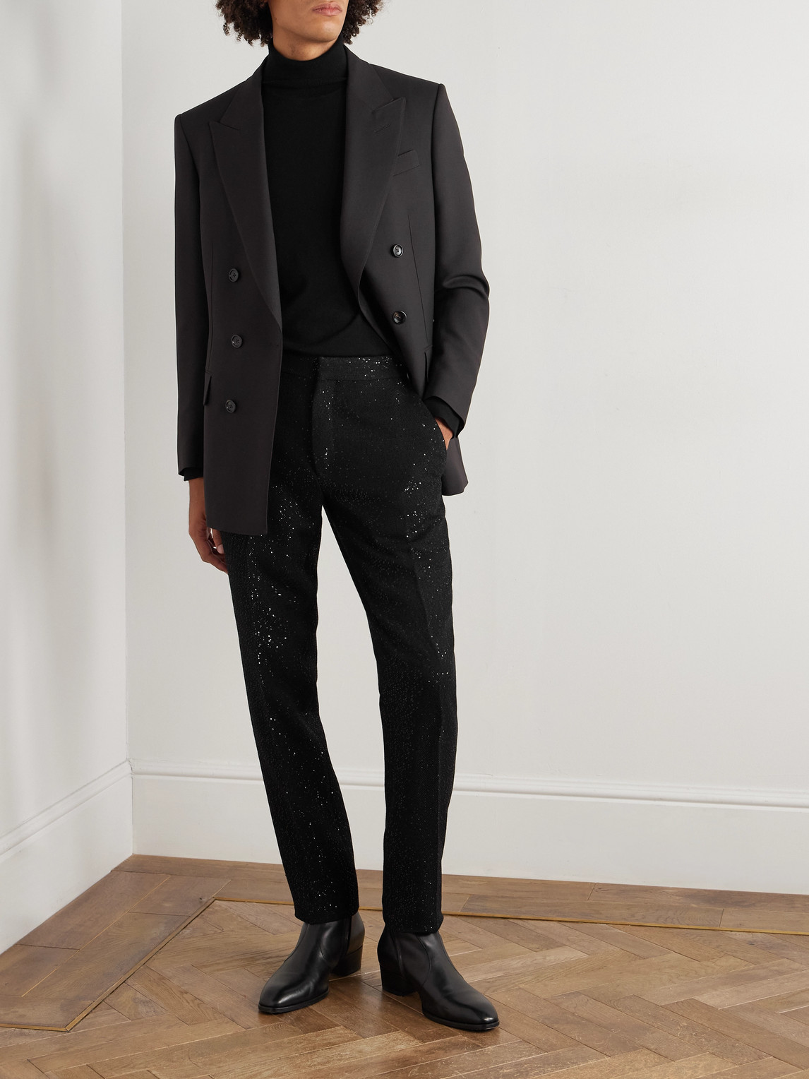 Tom Ford Tapered Sequin-embellished Wool-blend Bouclé Suit Trousers In Black