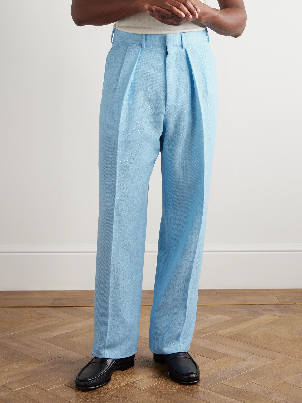 Tom Ford Straight-leg Pleated Sequin-embellished Wool-blend Suit Trousers In Blue