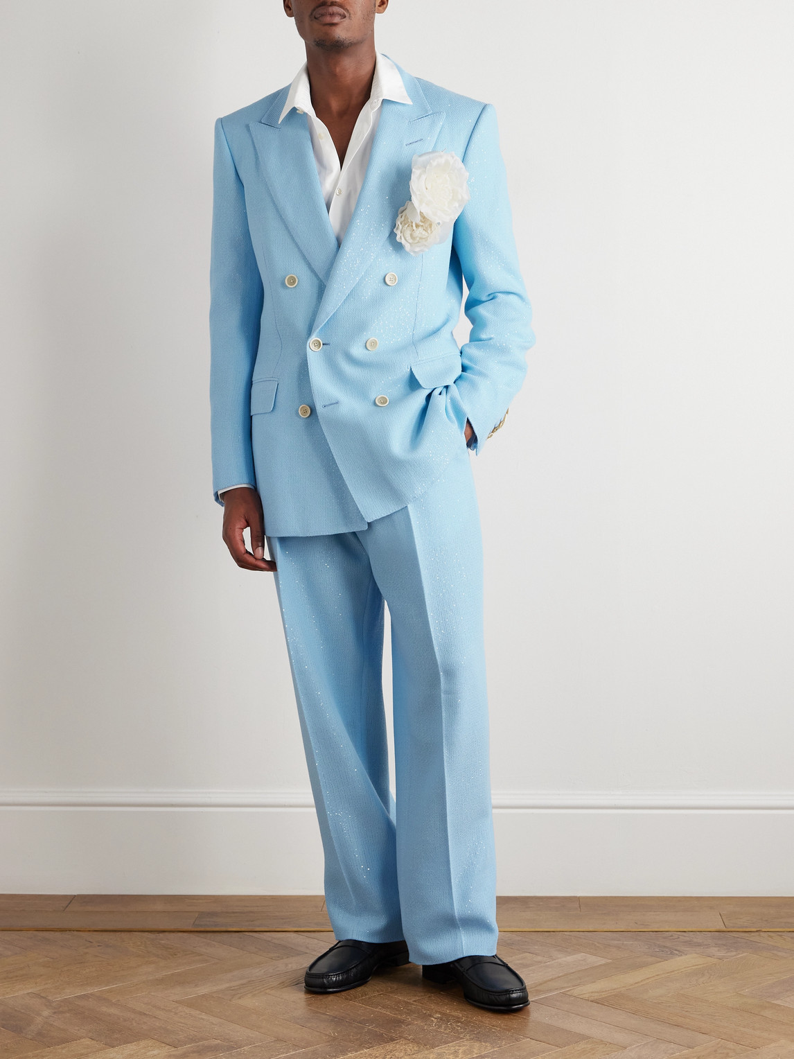 Tom Ford Straight-leg Pleated Sequin-embellished Wool-blend Suit Trousers In Blue