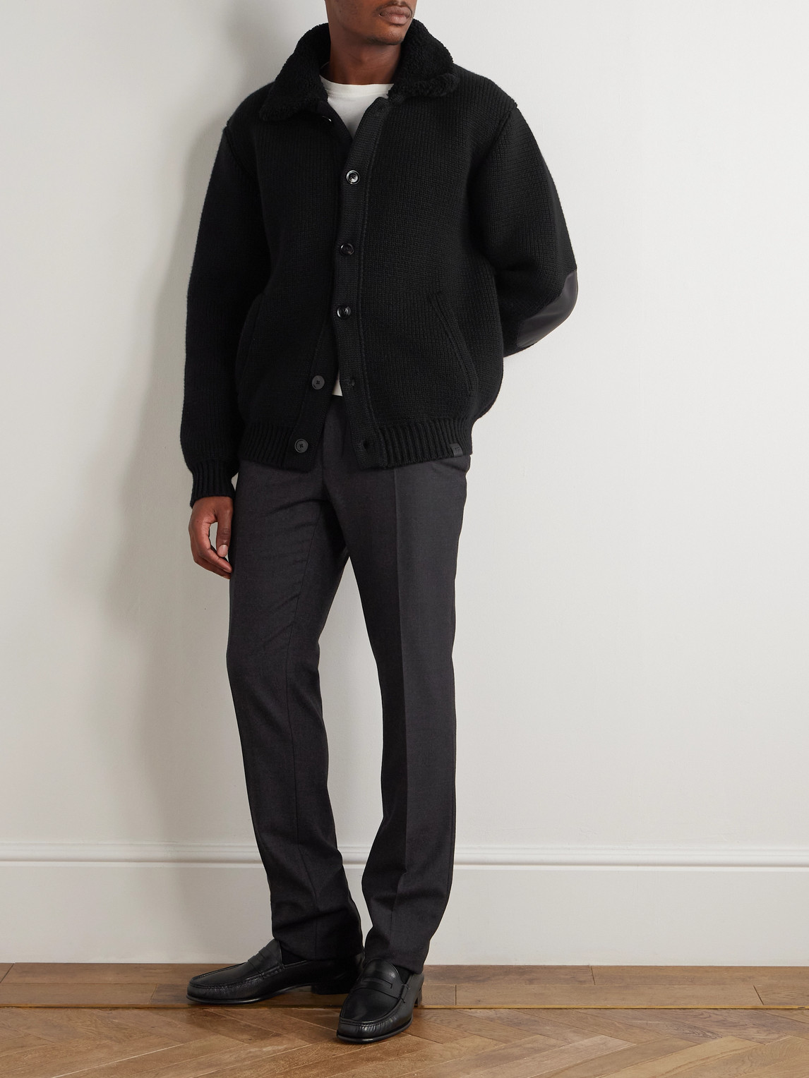 Tom Ford Shawl-collar Ribbed Silk And Wool-blend Cardigan In Black