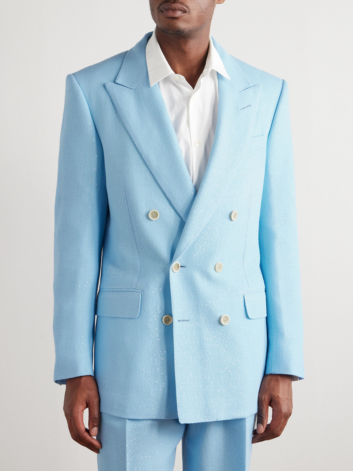 Tom Ford Double-breasted Sequinned Wool-blend Suit Jacket In Blue