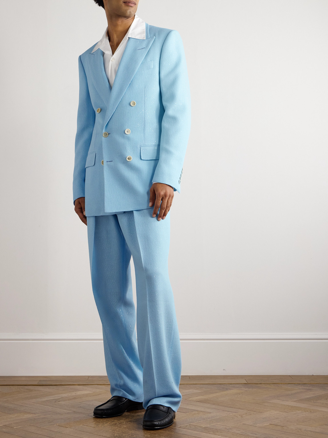Tom Ford Double-breasted Sequinned Wool-blend Suit Jacket In Blue