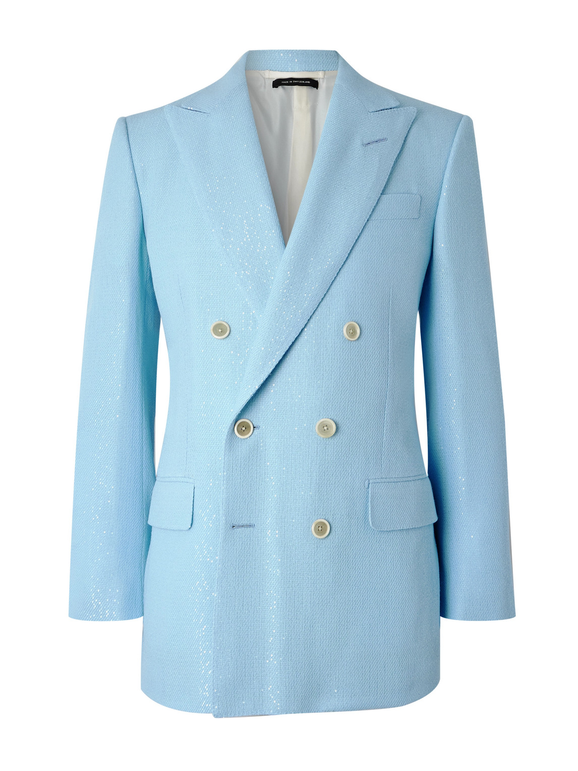 Tom Ford Double-breasted Sequinned Wool-blend Suit Jacket In Blue