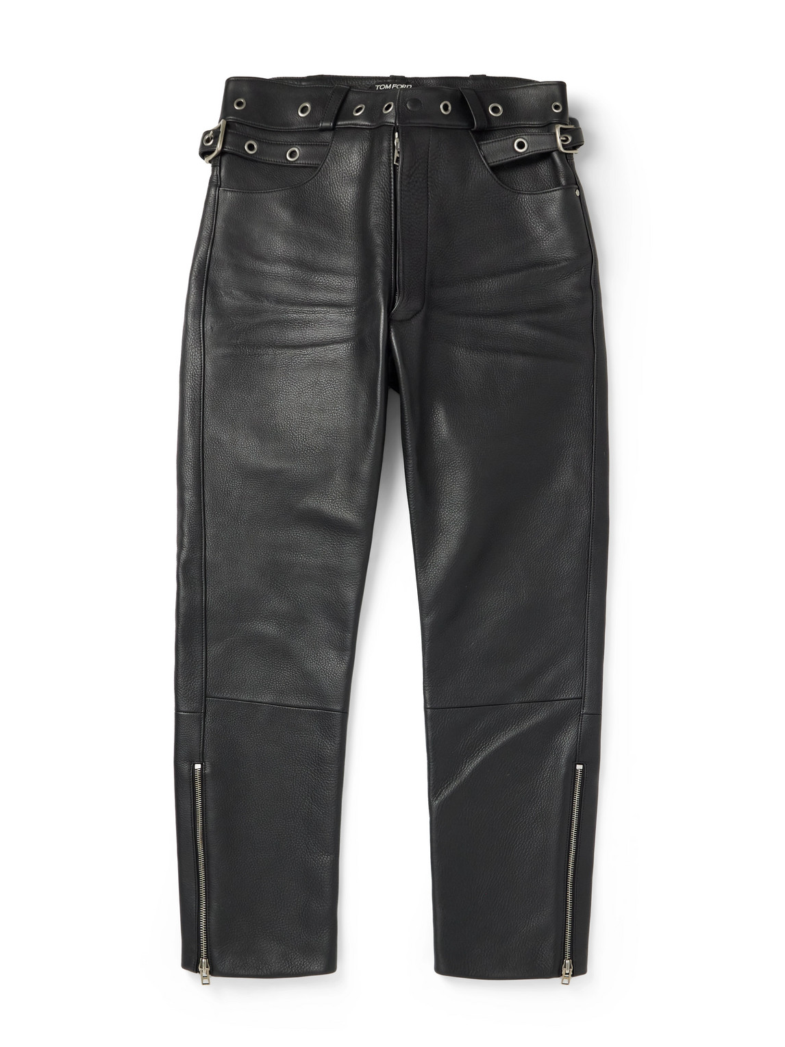 Tom Ford Straight-leg Eyelet-embellished Paneled Full-grain Leather Trousers In Black