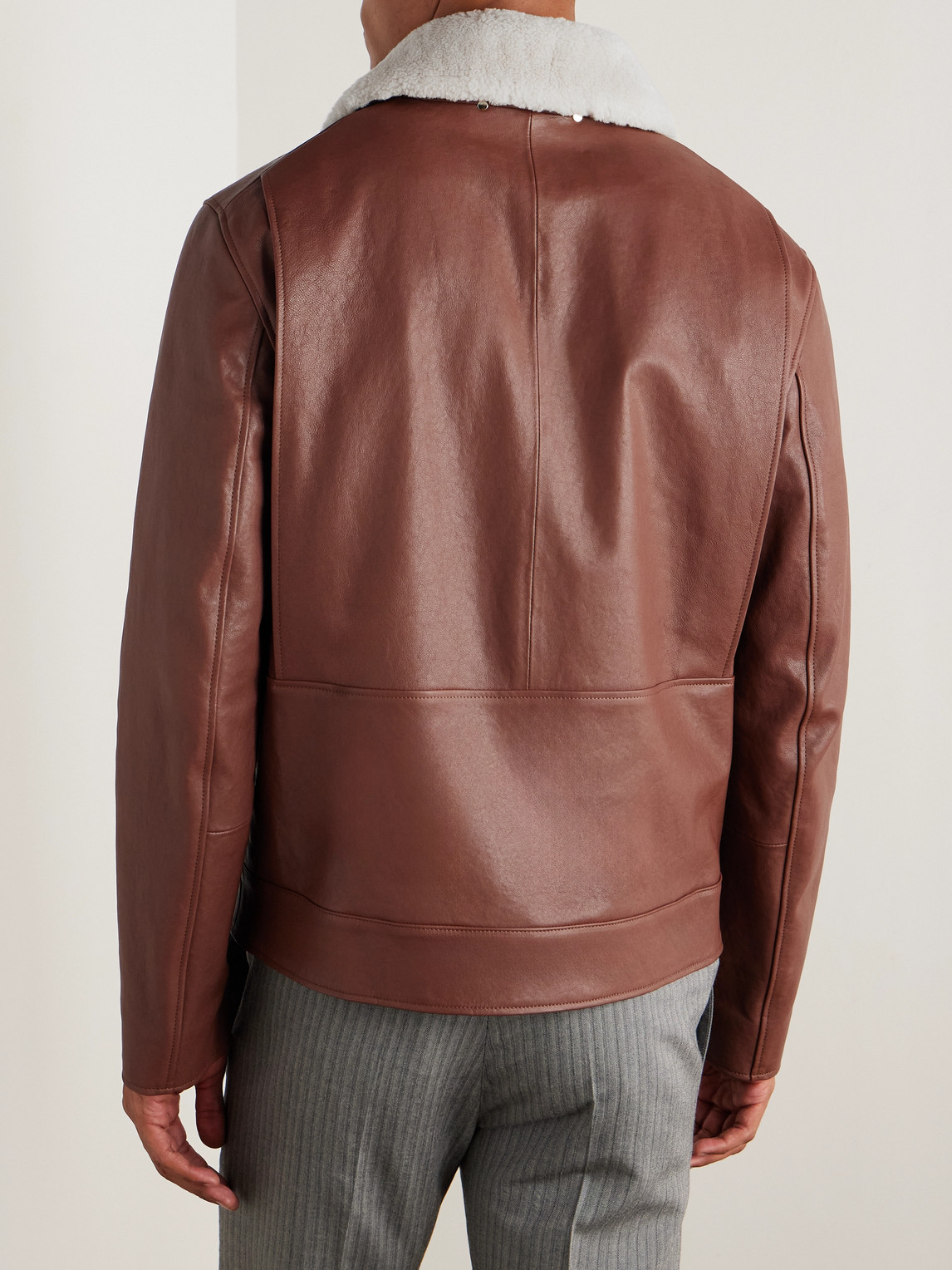 Paul Smith Shearling-collared Leather Jacket In Brown