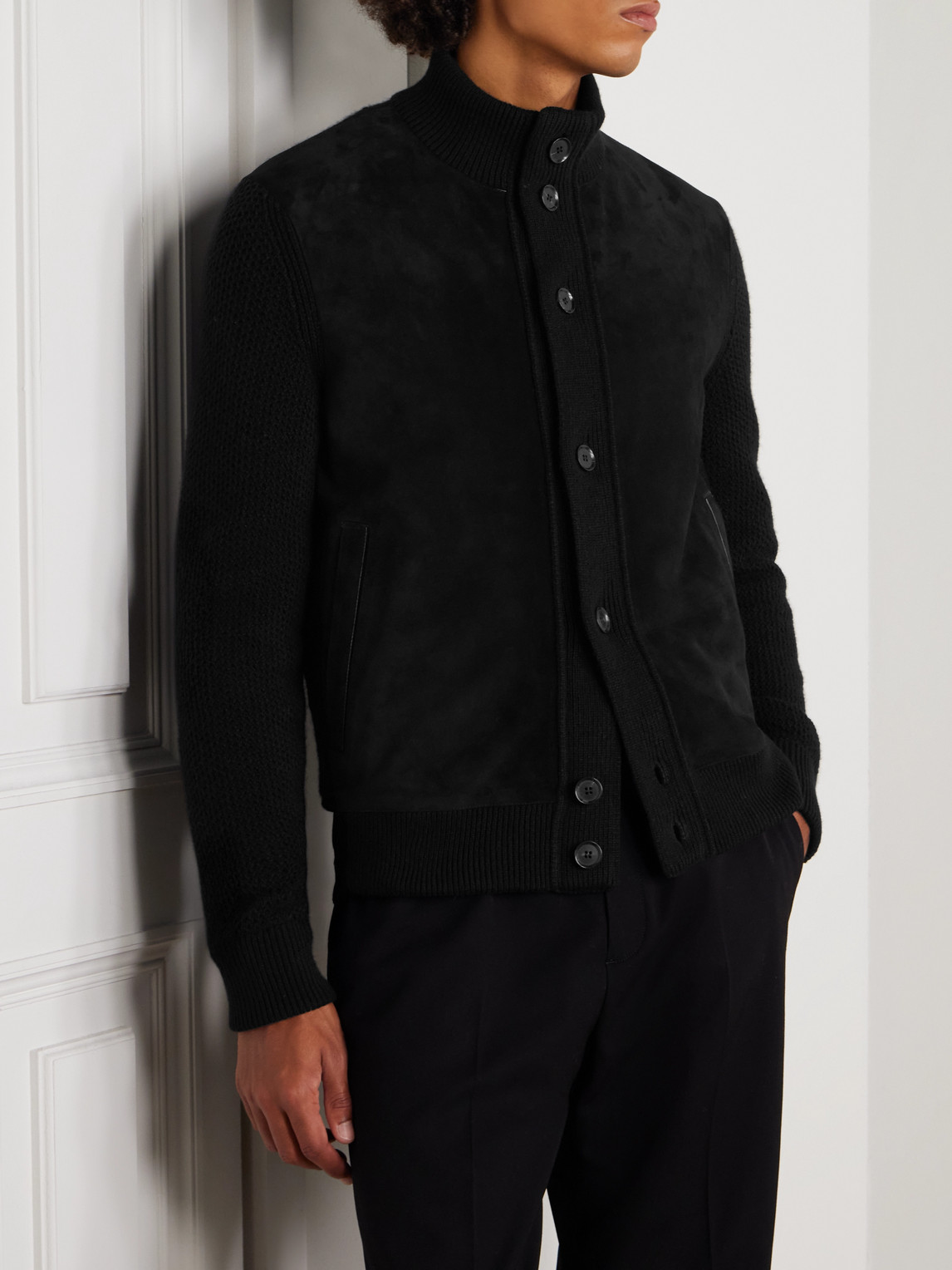 Suede-Trimmed Textured-Cashmere Jacket