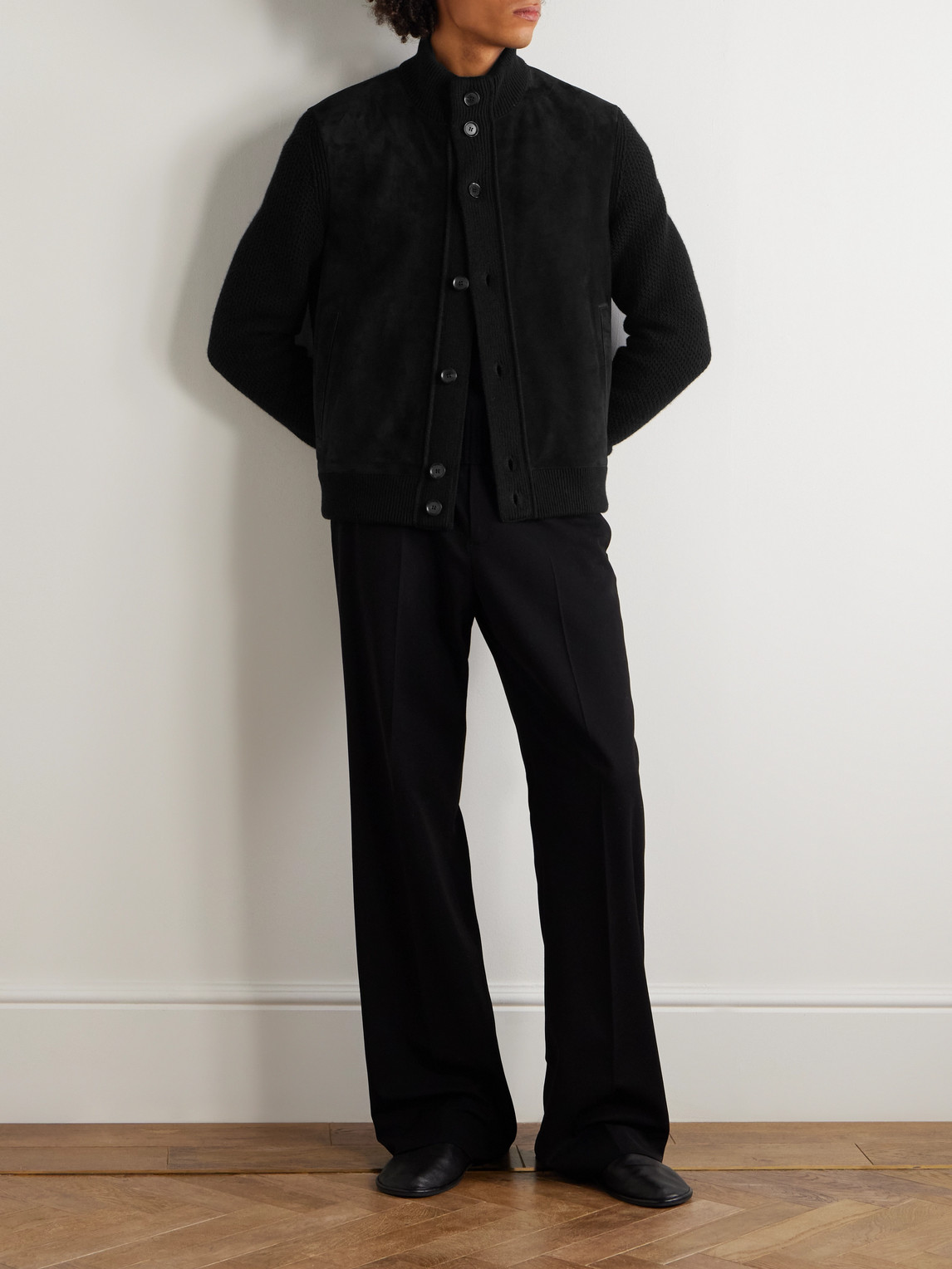 Suede-Trimmed Textured-Cashmere Jacket