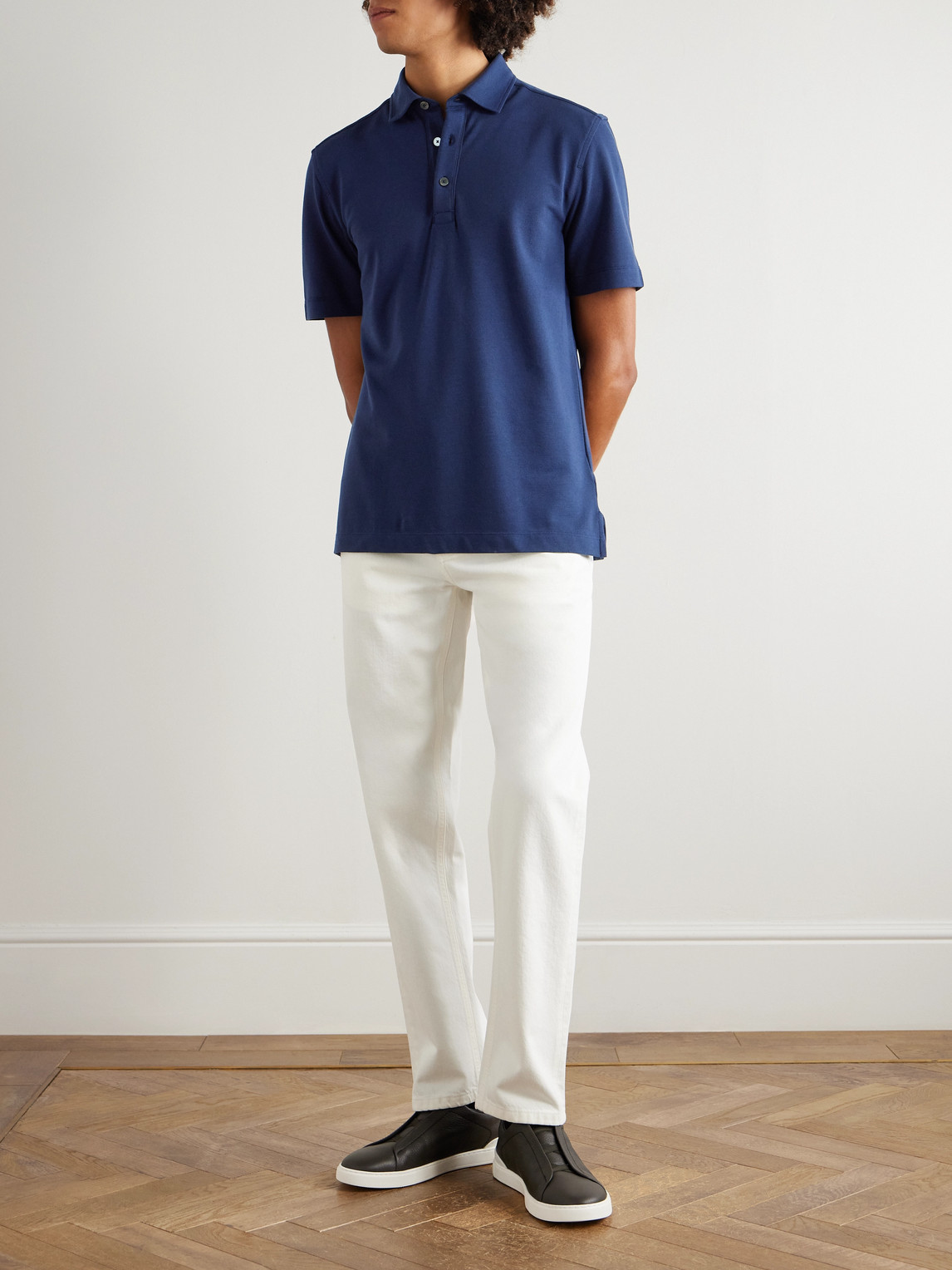 Leather-Trimmed Cotton-Piqué Polo Shirt