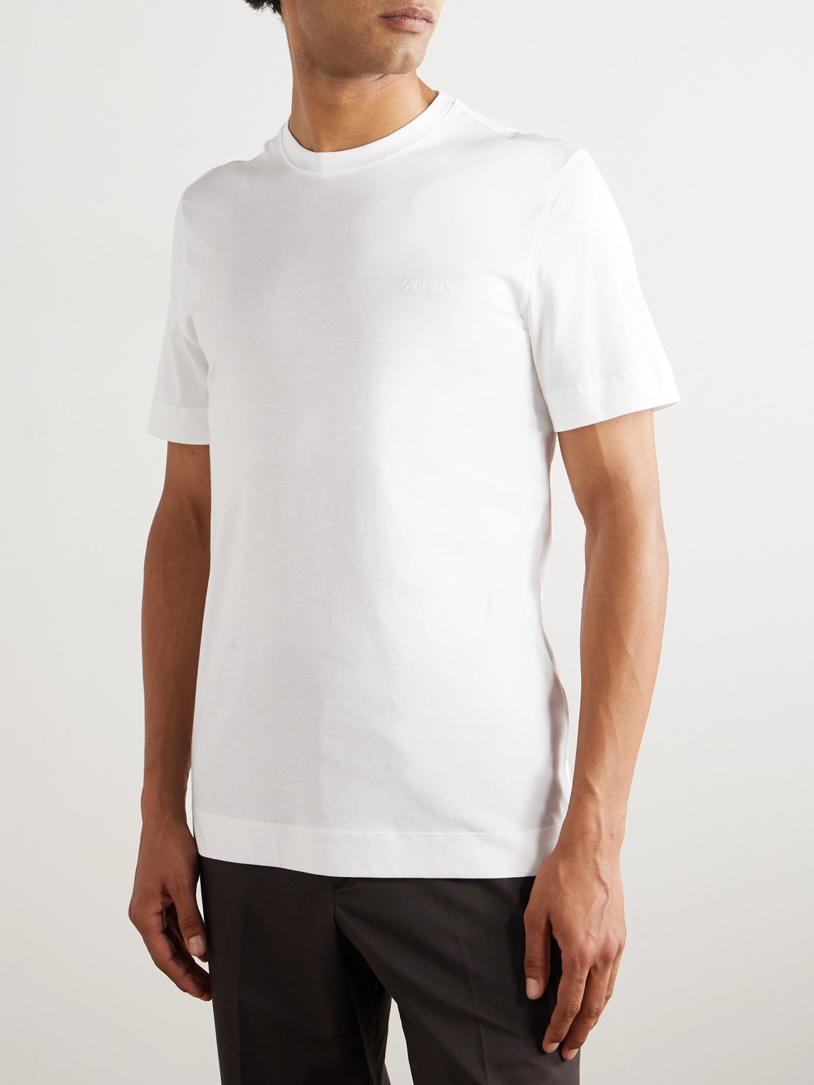 Zegna Slim-fit Logo-embroidered Cotton-jersey T-shirt In White