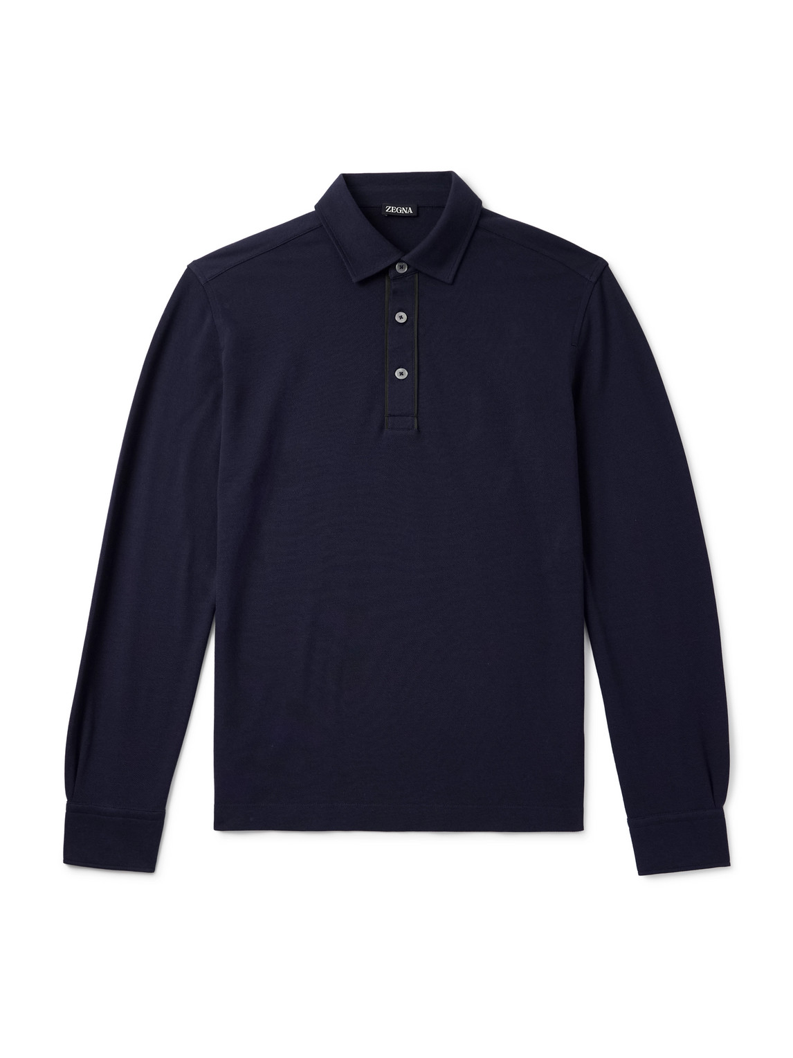 Zegna Suede-trimmed Cotton-piqué Polo Shirt In Blue