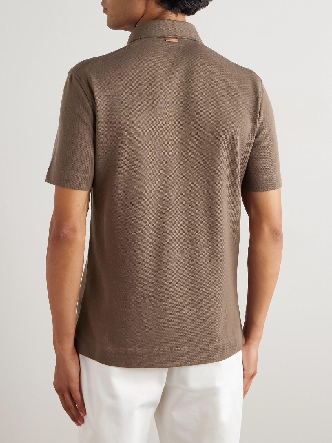 Slim-Fit Leather-Trimmed Cotton-Piqué Polo Shirt