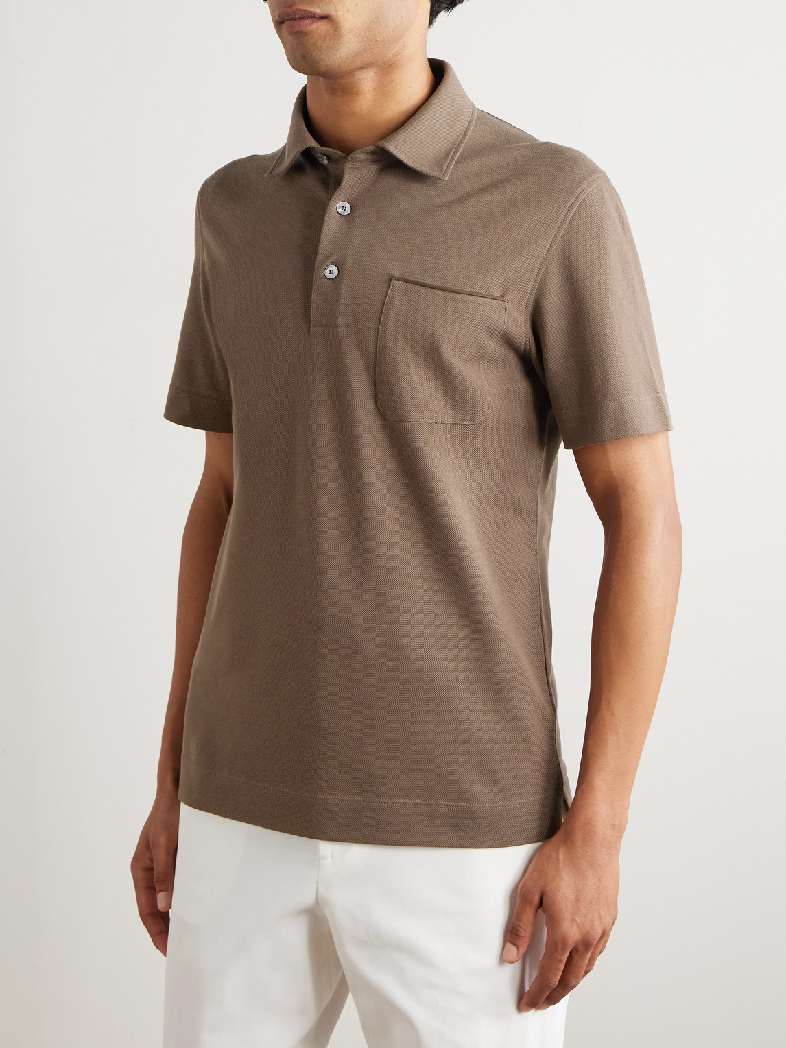 Slim-Fit Leather-Trimmed Cotton-Piqué Polo Shirt