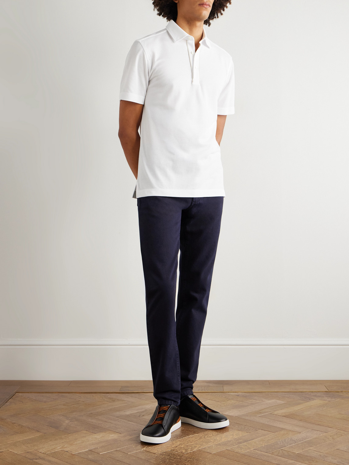Leather-Trimmed Cotton-Piqué Polo Shirt
