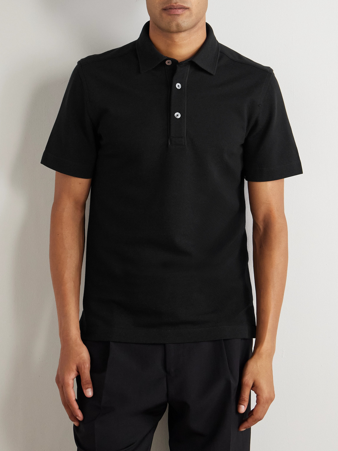 Leather-Trimmed Cotton-Piqué Polo Shirt