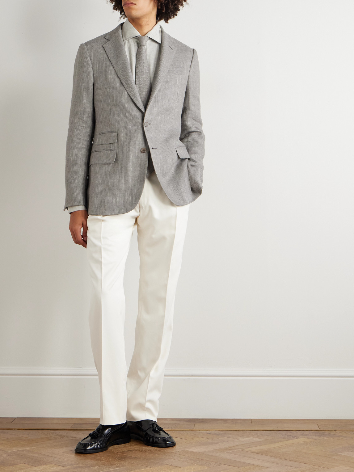 Ralph Lauren Kent Herringbone Linen, Silk And Cotton-blend Suit Jacket In Gray