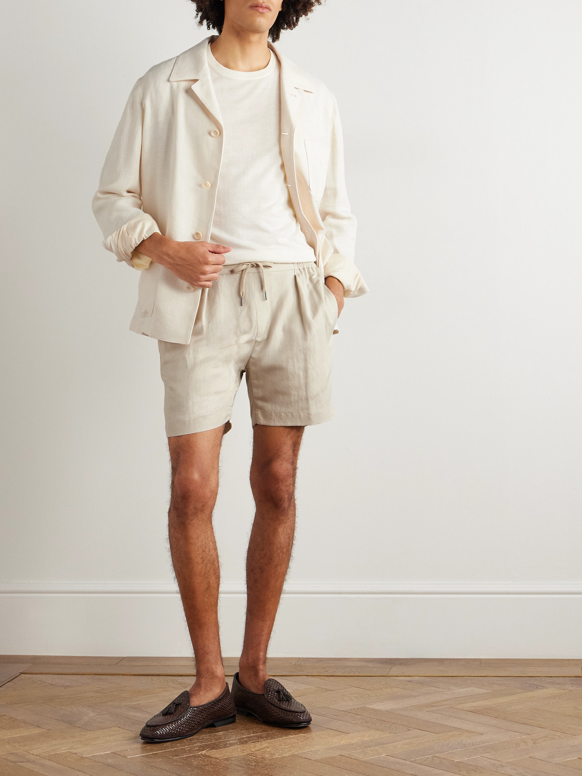 Ralph Lauren Dorest Straight-leg Pleated Silk And Linen-blend Drawstring Shorts In Neutral