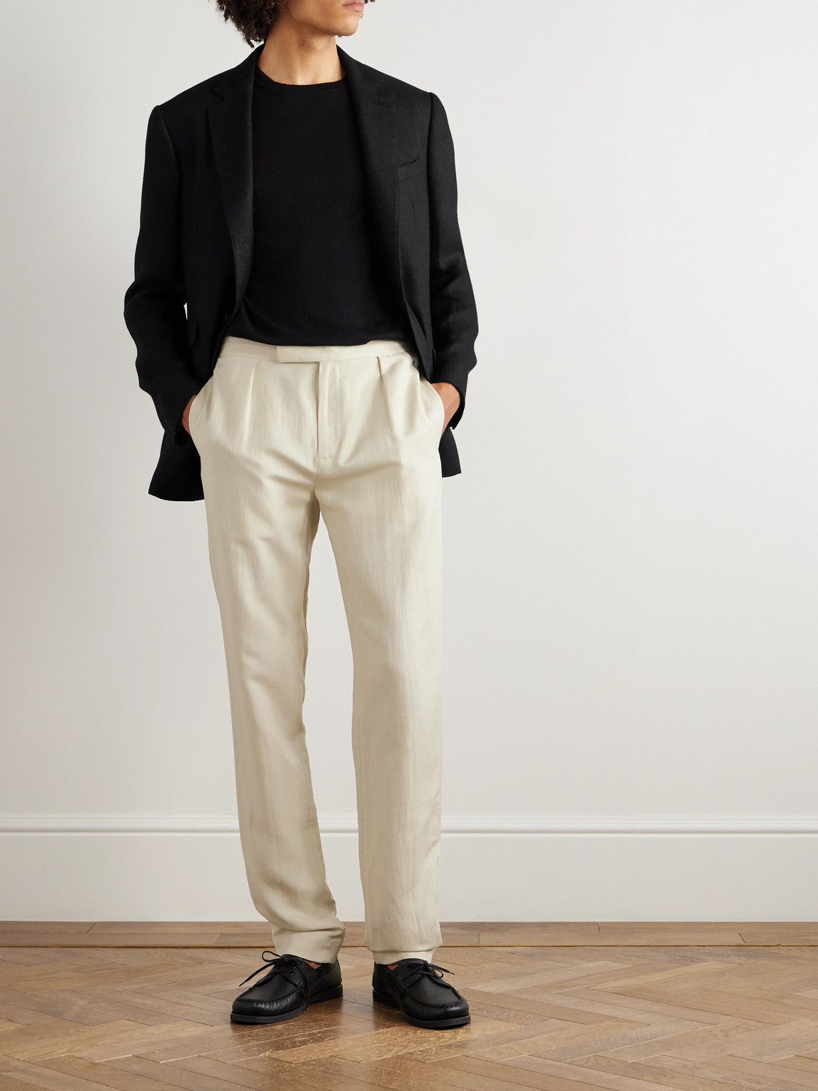 Ralph Lauren Kent Herringbone Linen, Silk And Cotton-blend Suit Jacket In Black