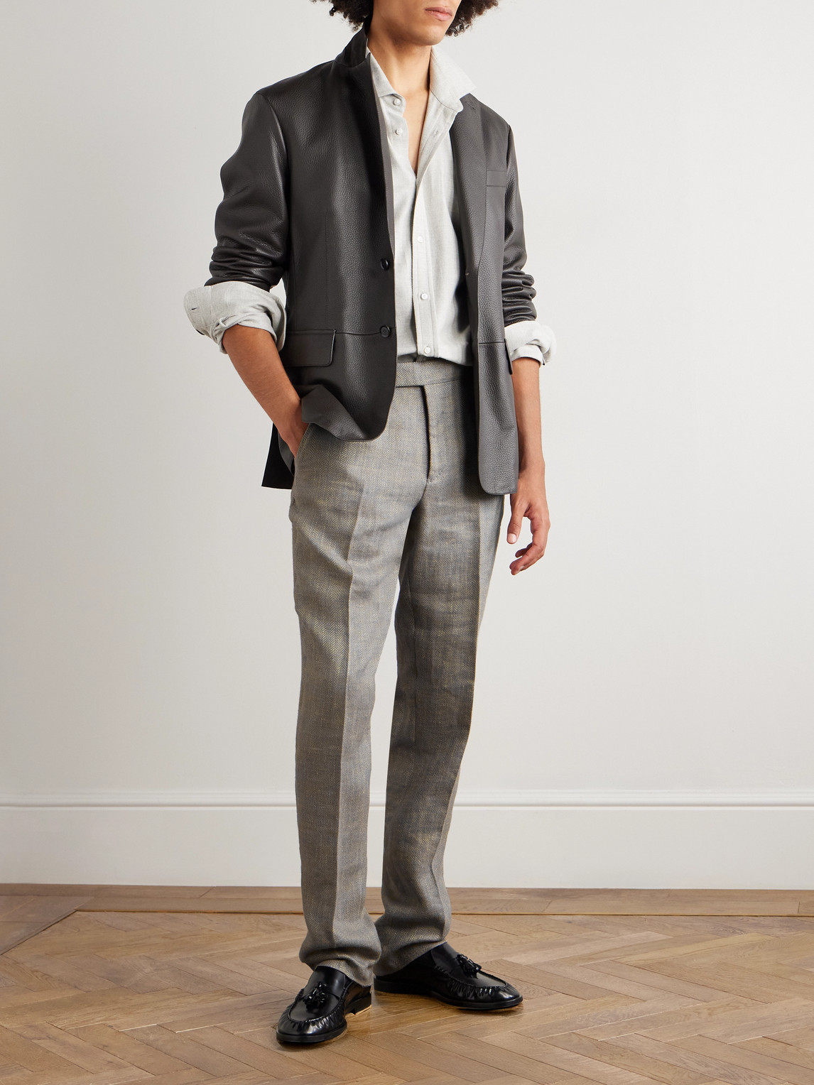 Ralph Lauren Gregory Tapered Herringbone Linen, Silk And Cotton-blend Trousers In Green