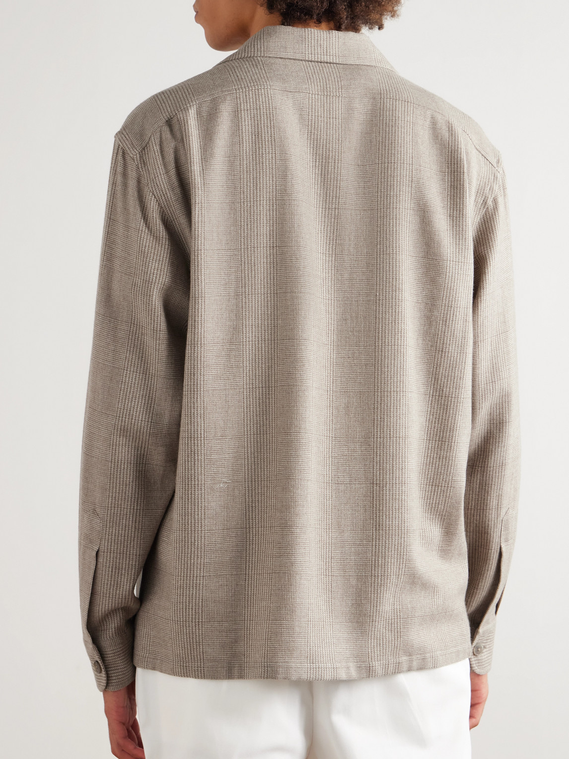 Ralph Lauren Colton Russel Convertible-collar Prince Of Wales Checked Wool, Silk And Cashmere-blend Shirt In Neutral