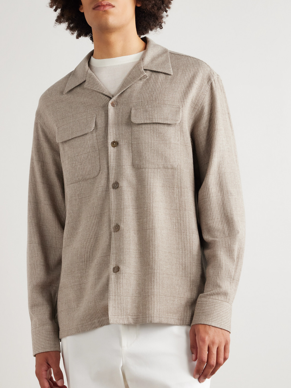 Ralph Lauren Colton Russel Convertible-collar Prince Of Wales Checked Wool, Silk And Cashmere-blend Shirt In Neutral