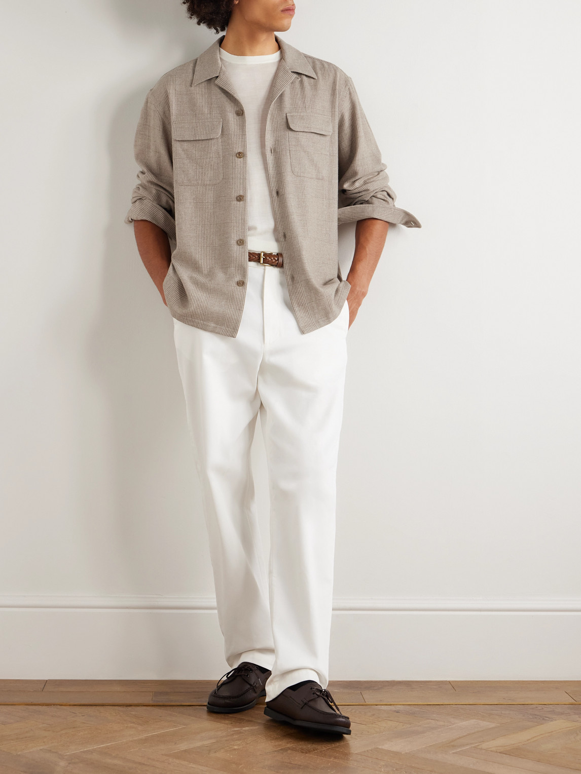 Ralph Lauren Colton Russel Convertible-collar Prince Of Wales Checked Wool, Silk And Cashmere-blend Shirt In Neutral