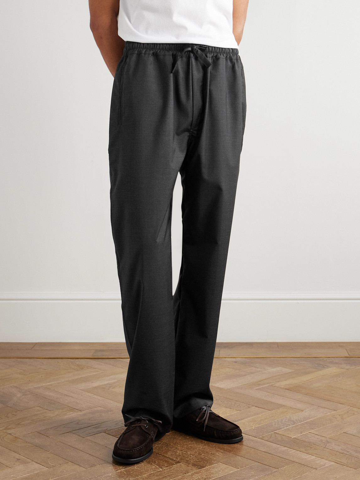 Saman Amel Straight-leg Wool Drawstring Trousers In Gray