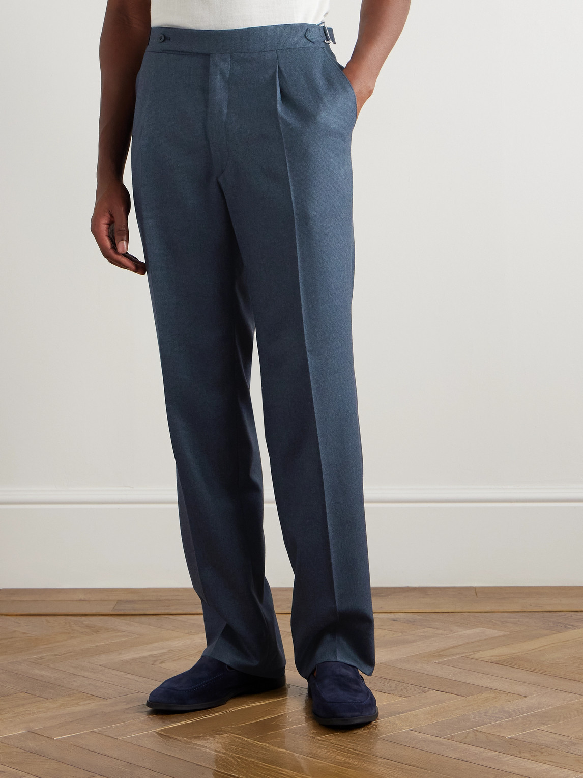 Stòffa Straight-leg Pleated Wool-flannel Trousers In Blue