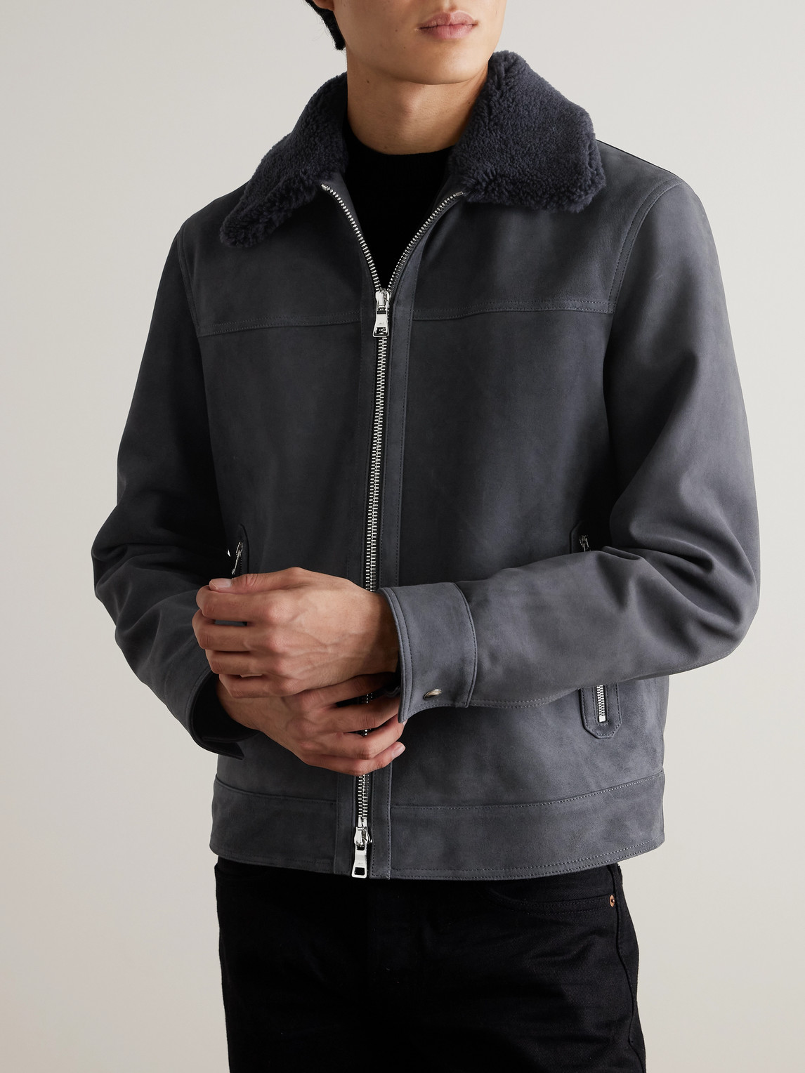  Mr P. - Shearling-trimmed Suede Trucker Jacket - Men - Blue - S 