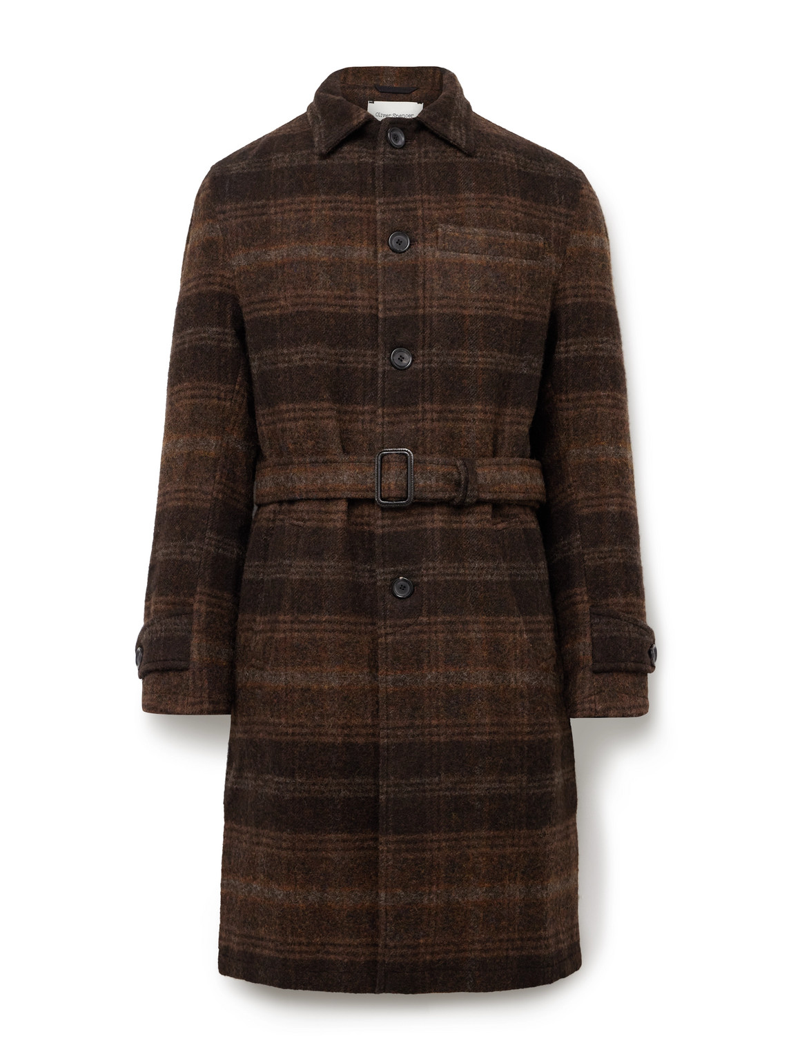 Oliver Spencer Grandpa Belted Checked Wool-felt Coat In Brown