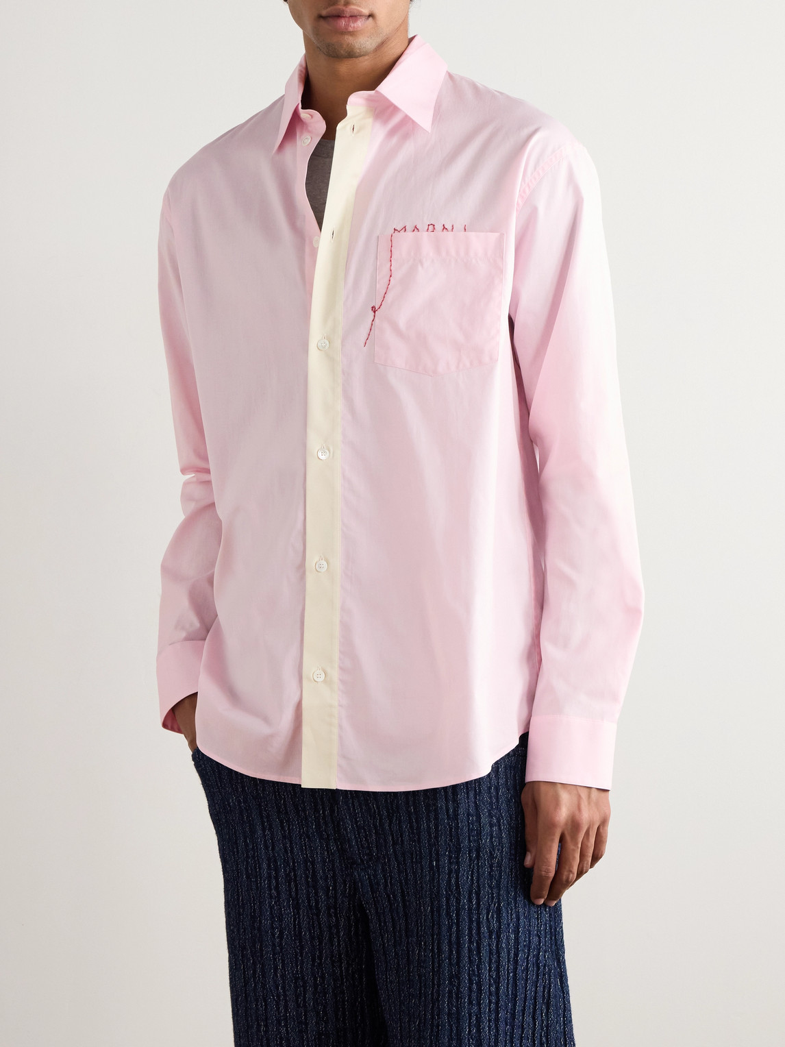 Marni Oversized Logo-embroidered Colour-block Cotton-poplin Shirt In Pink