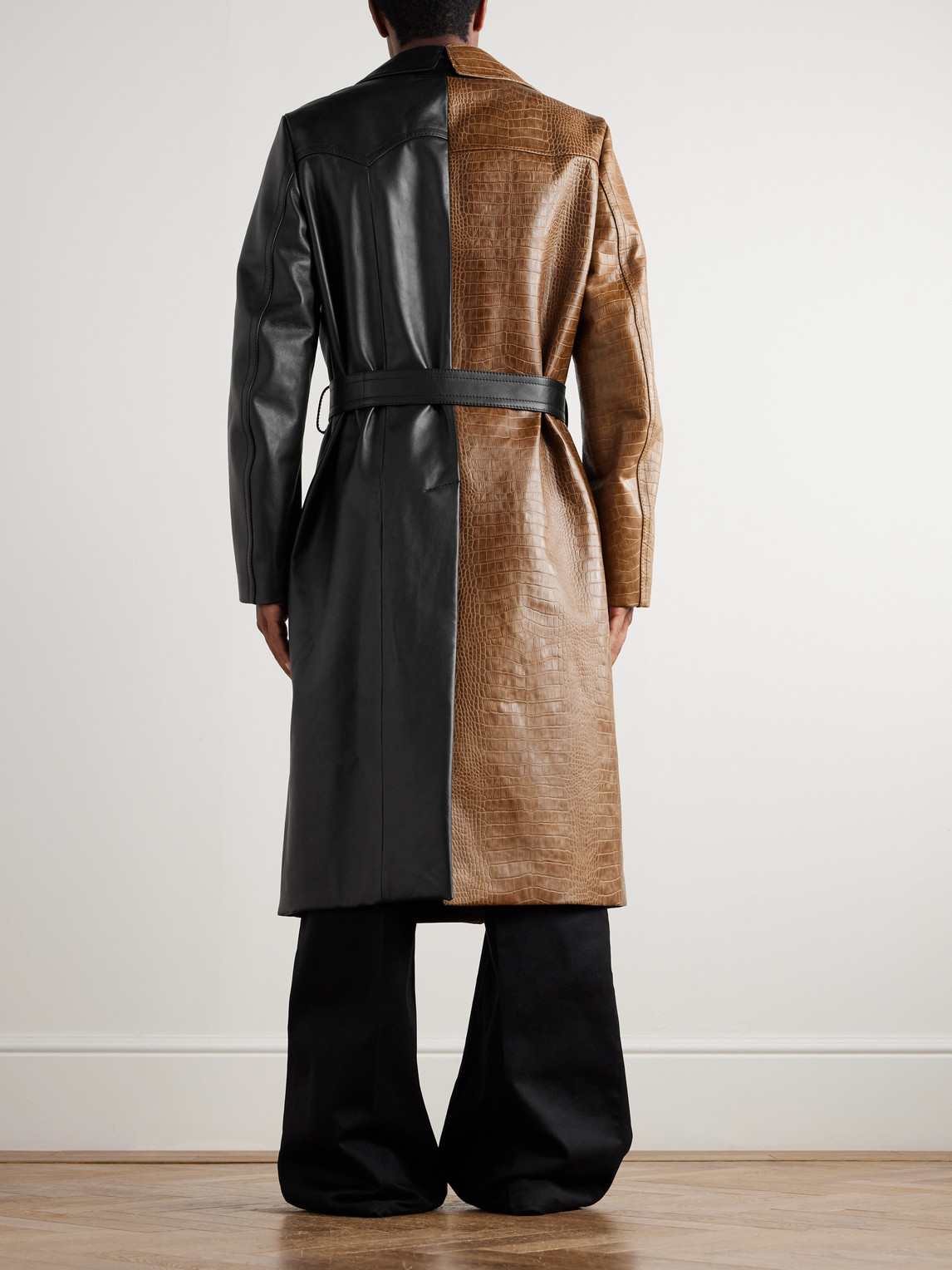 Marni Double-breasted Belted Two-tone Croc-effect Leather Coat In Black