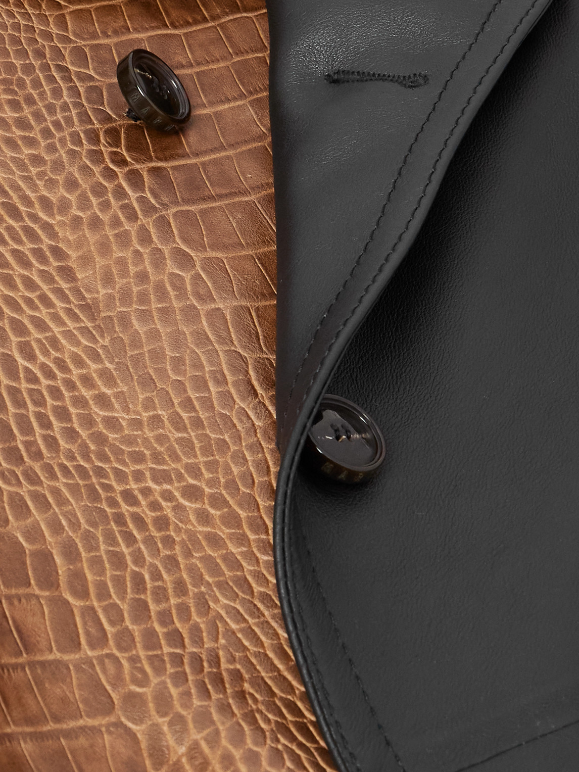 Marni Double-breasted Belted Two-tone Croc-effect Leather Coat In Black