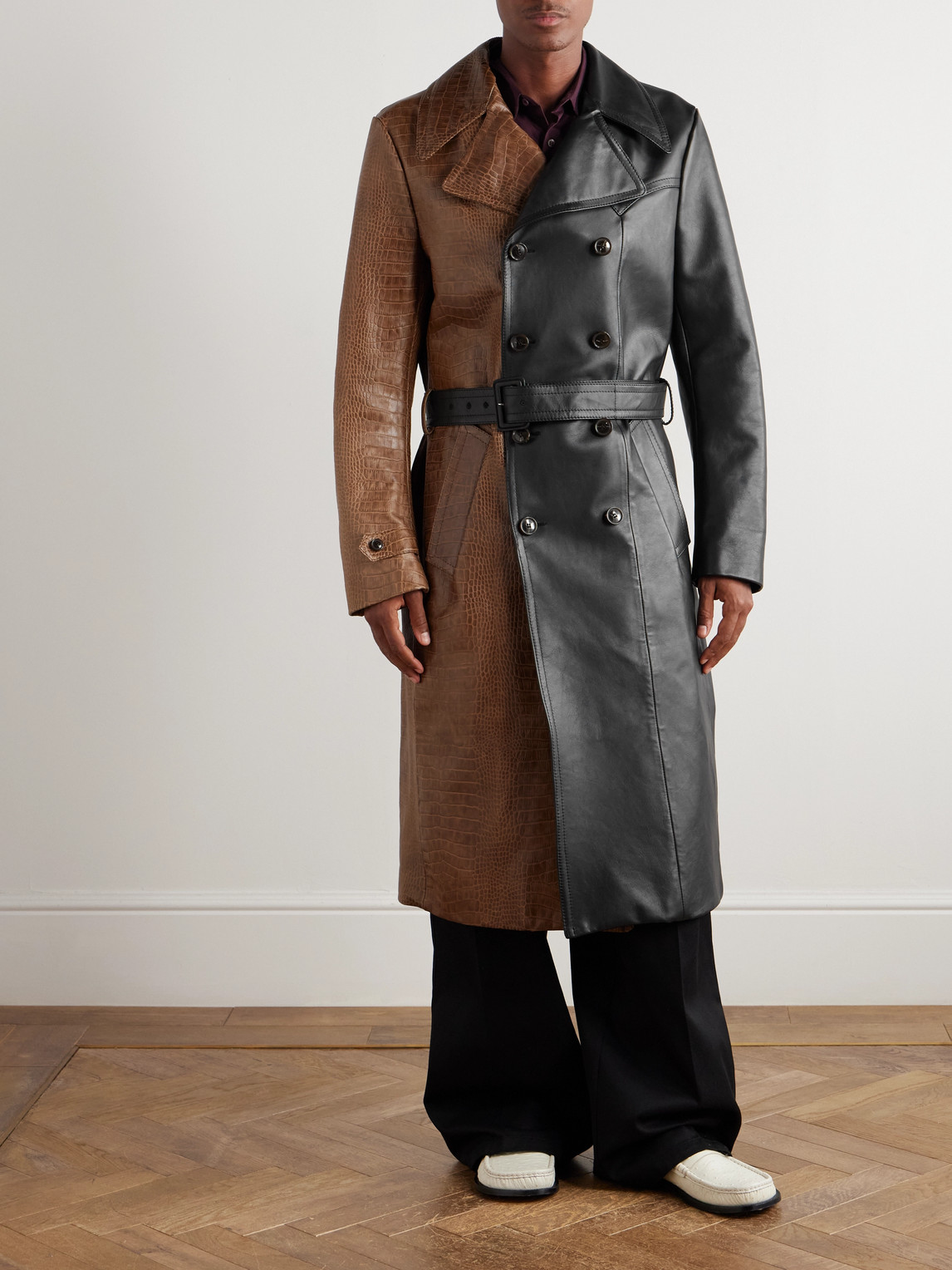 Marni Double-breasted Belted Two-tone Croc-effect Leather Coat In Black