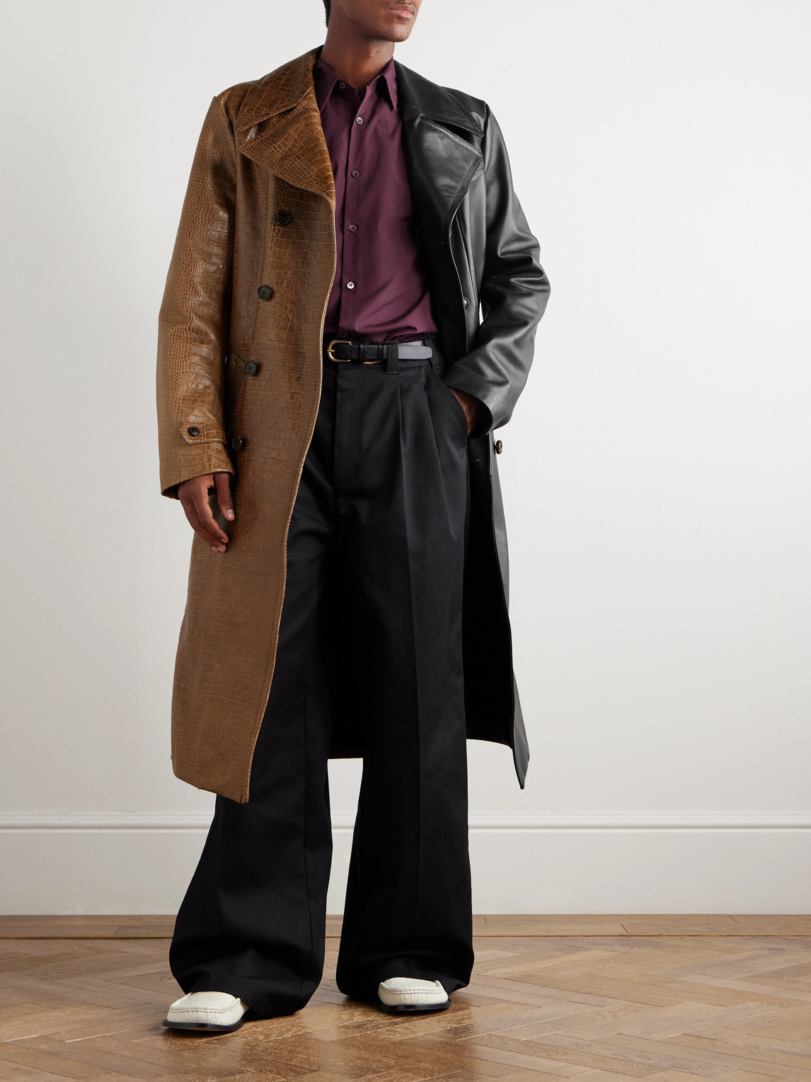 Marni Double-breasted Belted Two-tone Croc-effect Leather Coat In Black